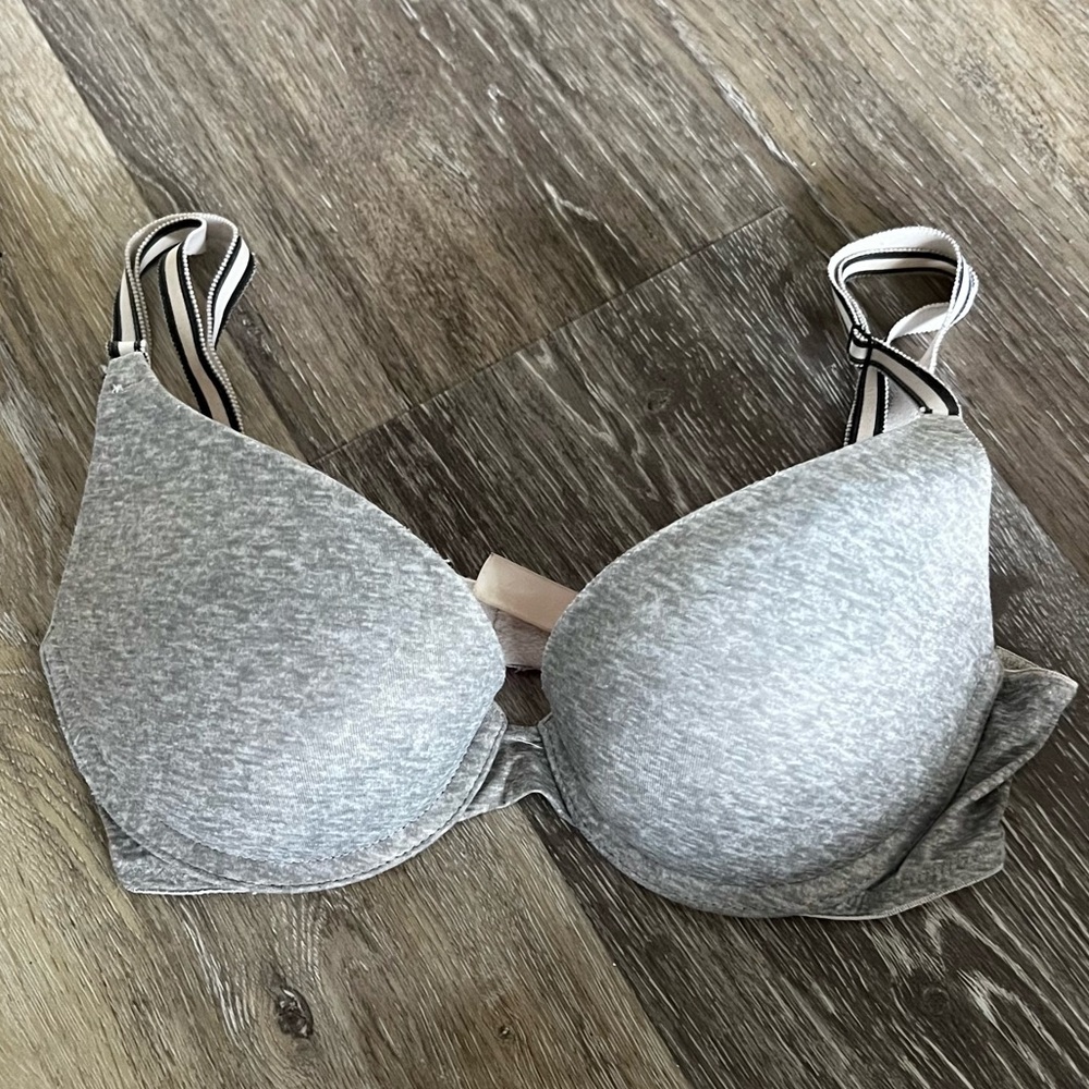 Gray striped strap, pink Victoria’s Secret push up bra